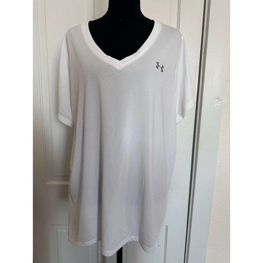 Under Armour Womens HeatGear V-Neck T-Shirt White Loose Fit Short Sleeve Top LG